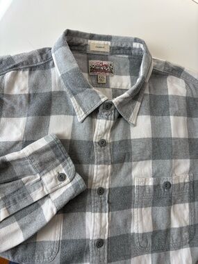 J.Crew Mid-Weight Flannel Double Brushed Classic Cotton Gray White Plaid Shirt